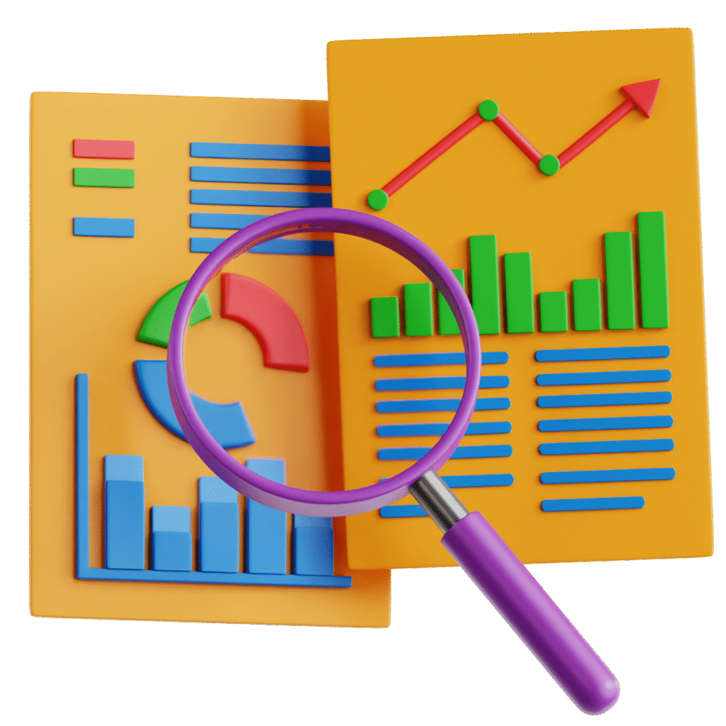 Colorful charts with magnifying glass
